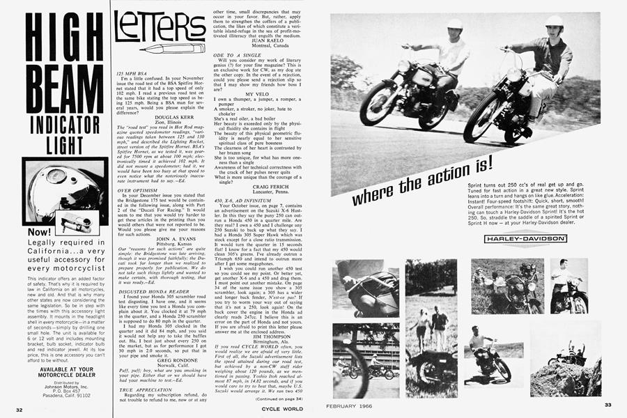 Letters | Cycle World | FEBRUARY 1966